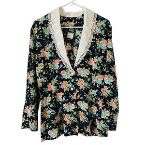 Vintage 80s Judy Knapp Blouse Womens L Black Floral Embroidered Collar Cottage